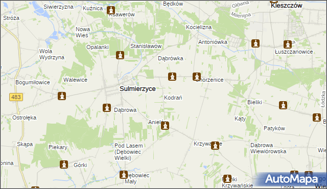 mapa Kodrań gmina Sulmierzyce, Kodrań gmina Sulmierzyce na mapie Targeo