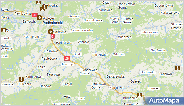 mapa Kojszówka, Kojszówka na mapie Targeo