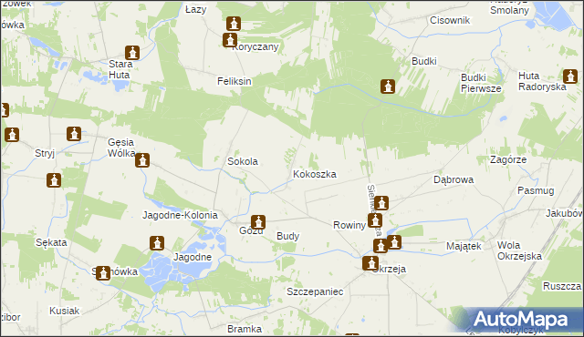 mapa Kokoszka gmina Kłoczew, Kokoszka gmina Kłoczew na mapie Targeo