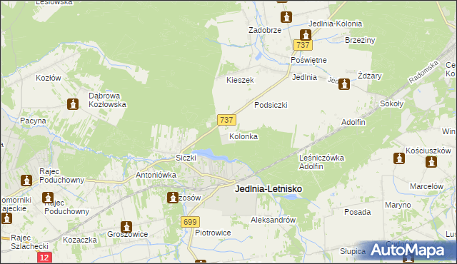 mapa Kolonka gmina Pionki, Kolonka gmina Pionki na mapie Targeo