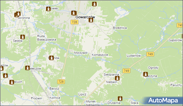 mapa Komaszyce gmina Gowarczów, Komaszyce gmina Gowarczów na mapie Targeo