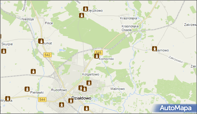 mapa Komorniki gmina Działdowo, Komorniki gmina Działdowo na mapie Targeo