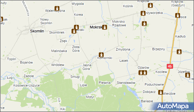 mapa Komorniki gmina Mokrsko, Komorniki gmina Mokrsko na mapie Targeo