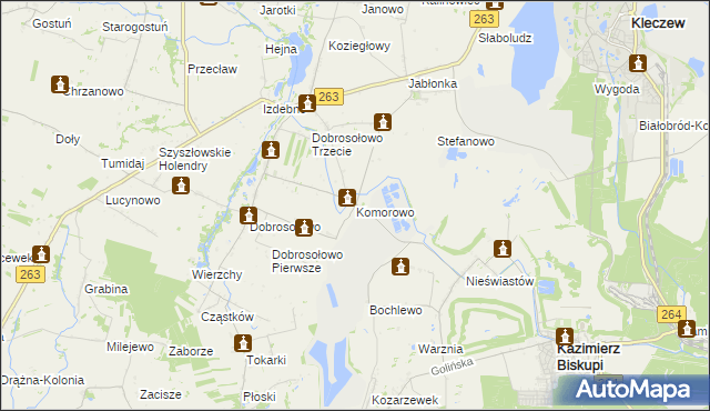 mapa Komorowo gmina Kazimierz Biskupi, Komorowo gmina Kazimierz Biskupi na mapie Targeo