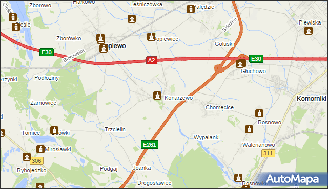 mapa Konarzewo gmina Dopiewo, Konarzewo gmina Dopiewo na mapie Targeo