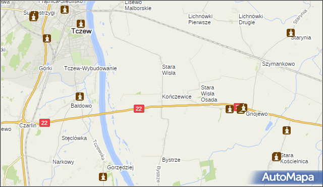 mapa Kończewice gmina Miłoradz, Kończewice gmina Miłoradz na mapie Targeo