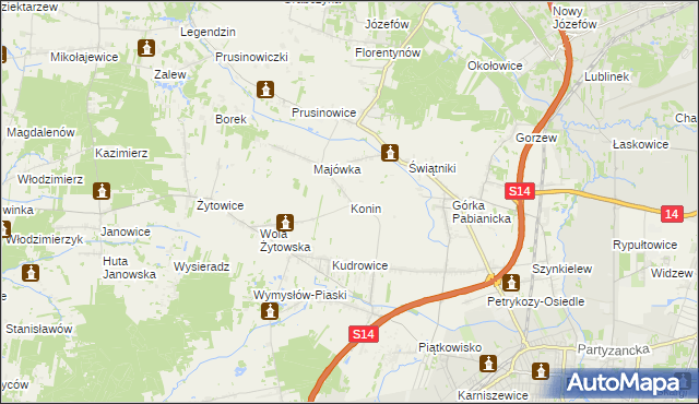 mapa Konin gmina Pabianice, Konin gmina Pabianice na mapie Targeo