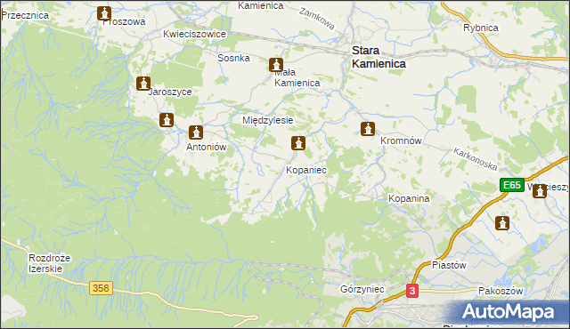 mapa Kopaniec gmina Stara Kamienica, Kopaniec gmina Stara Kamienica na mapie Targeo