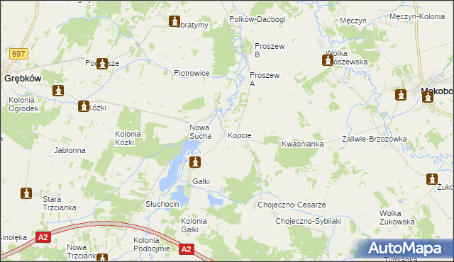 mapa Kopcie gmina Grębków, Kopcie gmina Grębków na mapie Targeo