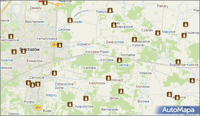 mapa Korczew gmina Bełchatów, Korczew gmina Bełchatów na mapie Targeo