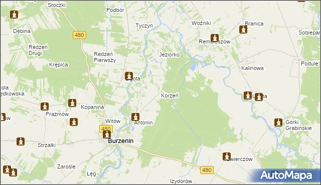 mapa Korzeń gmina Widawa, Korzeń gmina Widawa na mapie Targeo