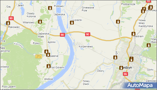 mapa Korzeniewo gmina Kwidzyn, Korzeniewo gmina Kwidzyn na mapie Targeo