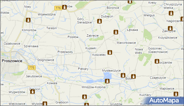 mapa Kościelec gmina Proszowice, Kościelec gmina Proszowice na mapie Targeo