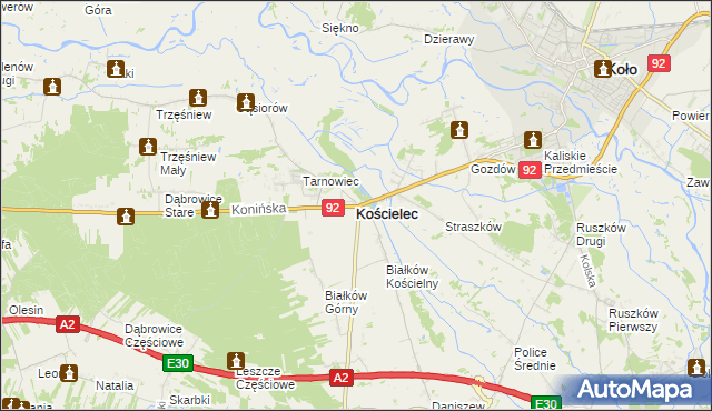 mapa Kościelec powiat kolski, Kościelec powiat kolski na mapie Targeo