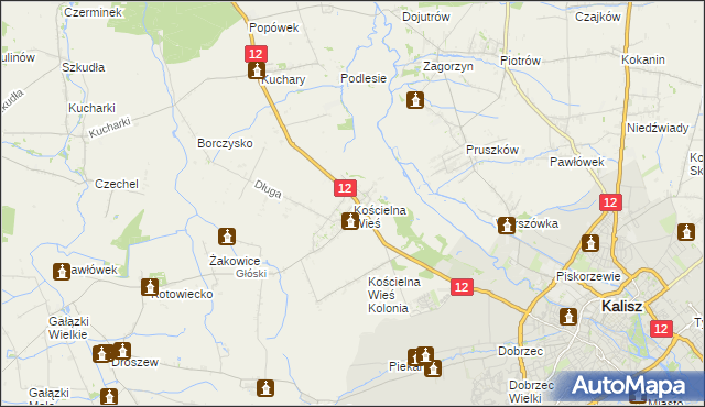 mapa Kościelna Wieś gmina Gołuchów, Kościelna Wieś gmina Gołuchów na mapie Targeo