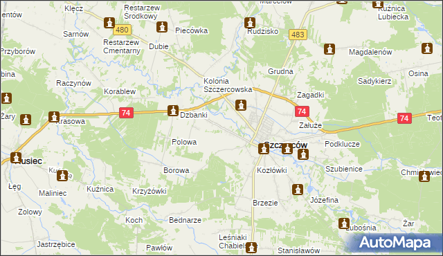 mapa Kościuszki gmina Szczerców, Kościuszki gmina Szczerców na mapie Targeo