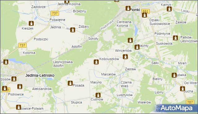 mapa Kościuszków gmina Pionki, Kościuszków gmina Pionki na mapie Targeo