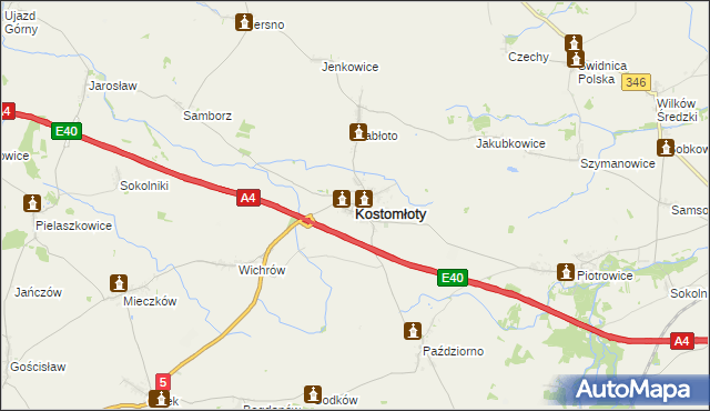 mapa Kostomłoty powiat średzki, Kostomłoty powiat średzki na mapie Targeo