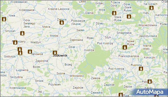 mapa Kostrza gmina Jodłownik, Kostrza gmina Jodłownik na mapie Targeo