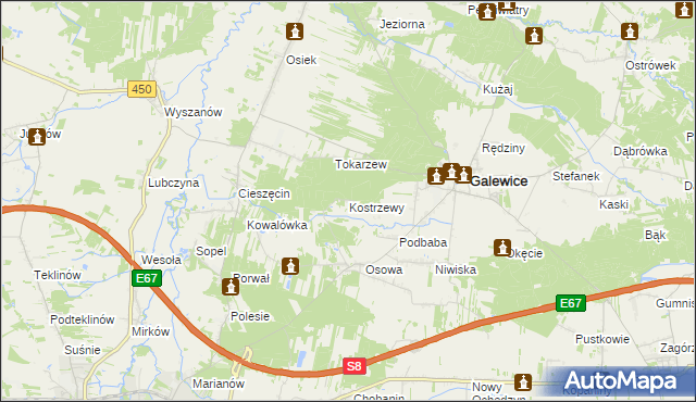 mapa Kostrzewy gmina Galewice, Kostrzewy gmina Galewice na mapie Targeo