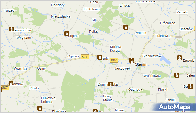 mapa Kosuty gmina Stanin, Kosuty gmina Stanin na mapie Targeo