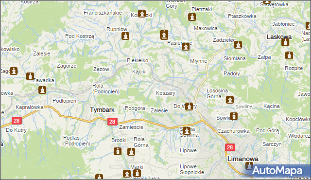 mapa Koszary gmina Limanowa, Koszary gmina Limanowa na mapie Targeo