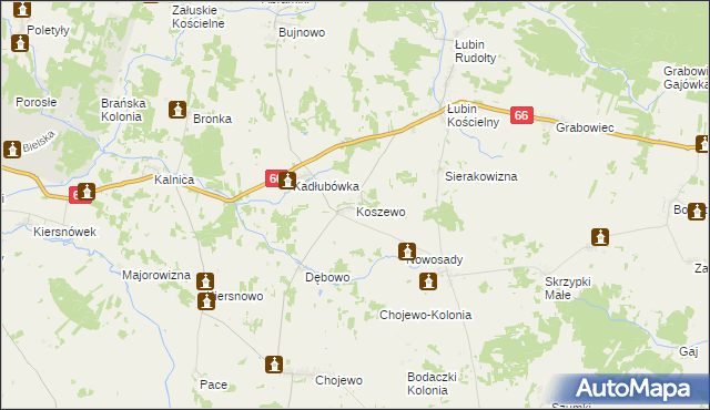 mapa Koszewo gmina Brańsk, Koszewo gmina Brańsk na mapie Targeo