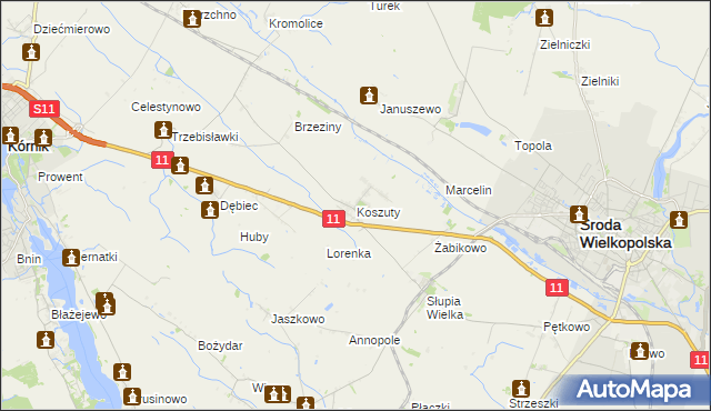 mapa Koszuty gmina Środa Wielkopolska, Koszuty gmina Środa Wielkopolska na mapie Targeo