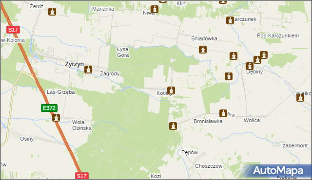 mapa Kotliny gmina Żyrzyn, Kotliny gmina Żyrzyn na mapie Targeo