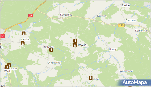 mapa Kotowice gmina Nowogród Bobrzański, Kotowice gmina Nowogród Bobrzański na mapie Targeo