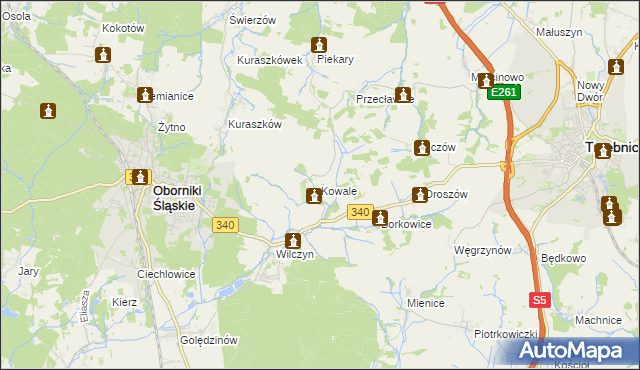 mapa Kowale gmina Oborniki Śląskie, Kowale gmina Oborniki Śląskie na mapie Targeo