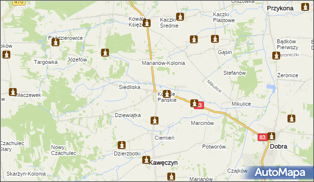 mapa Kowale Pańskie, Kowale Pańskie na mapie Targeo