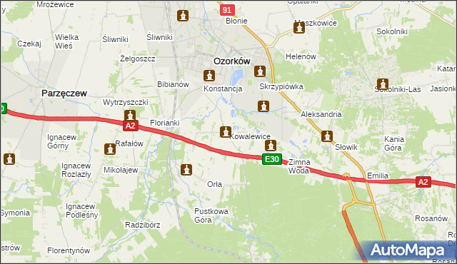 mapa Kowalewice gmina Parzęczew, Kowalewice gmina Parzęczew na mapie Targeo