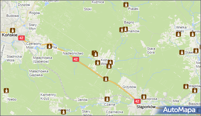 mapa Kozia Wola gmina Stąporków, Kozia Wola gmina Stąporków na mapie Targeo