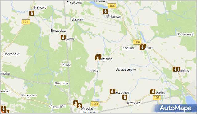 mapa Kozielice gmina Golczewo, Kozielice gmina Golczewo na mapie Targeo