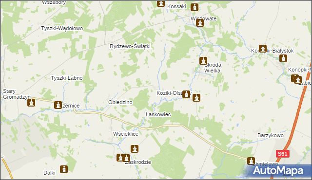 mapa Koziki-Olszyny, Koziki-Olszyny na mapie Targeo