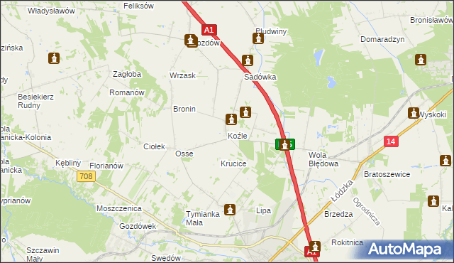 mapa Koźle gmina Stryków, Koźle gmina Stryków na mapie Targeo