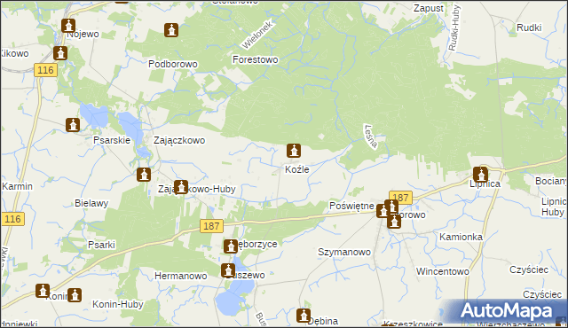 mapa Koźle gmina Szamotuły, Koźle gmina Szamotuły na mapie Targeo