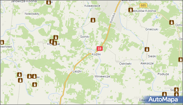 mapa Koźliki gmina Zabłudów, Koźliki gmina Zabłudów na mapie Targeo