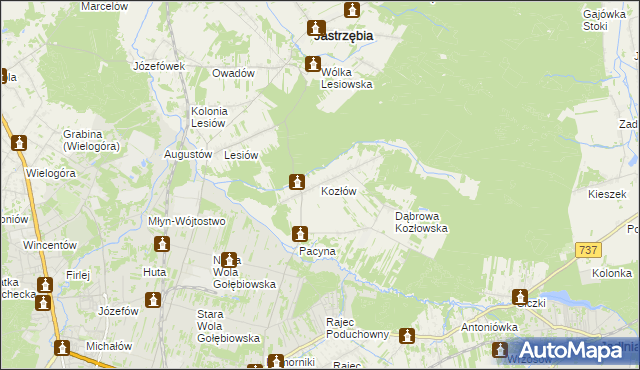 mapa Kozłów gmina Jastrzębia, Kozłów gmina Jastrzębia na mapie Targeo