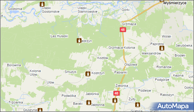 mapa Kozłów gmina Wyśmierzyce, Kozłów gmina Wyśmierzyce na mapie Targeo