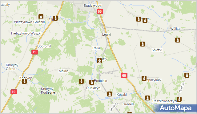 mapa Kozły gmina Bielsk Podlaski, Kozły gmina Bielsk Podlaski na mapie Targeo