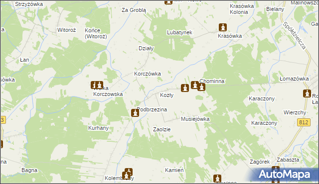 mapa Kozły gmina Łomazy, Kozły gmina Łomazy na mapie Targeo