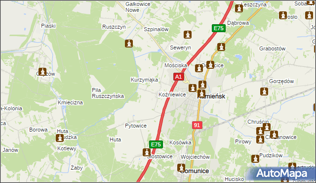 mapa Koźniewice, Koźniewice na mapie Targeo