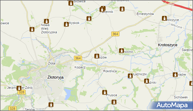 mapa Kozów gmina Złotoryja, Kozów gmina Złotoryja na mapie Targeo