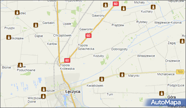 mapa Kozuby gmina Łęczyca, Kozuby gmina Łęczyca na mapie Targeo