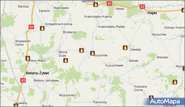 mapa Kożuchów gmina Bielany, Kożuchów gmina Bielany na mapie Targeo