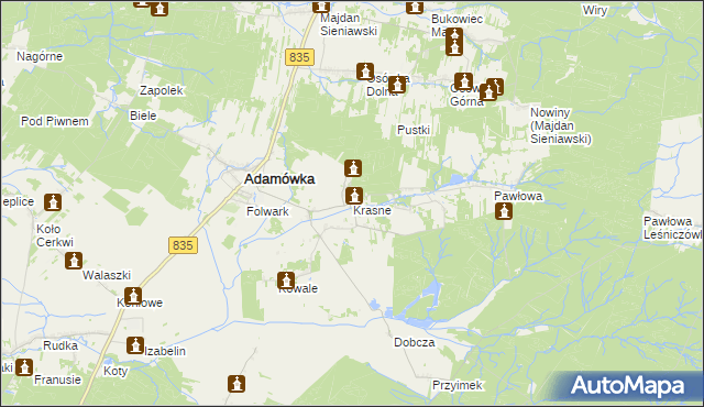 mapa Krasne gmina Adamówka, Krasne gmina Adamówka na mapie Targeo