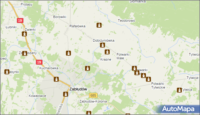 mapa Krasne gmina Zabłudów, Krasne gmina Zabłudów na mapie Targeo