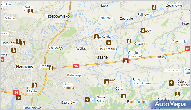 mapa Krasne powiat rzeszowski, Krasne powiat rzeszowski na mapie Targeo